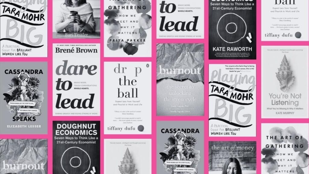 A collage of the different book covers in black and white on a bright pink background